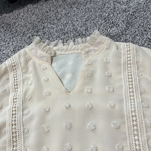 Like New Elegant Cream Swiss Dot Blouse with Lace Detailing - Picture 4 of 11